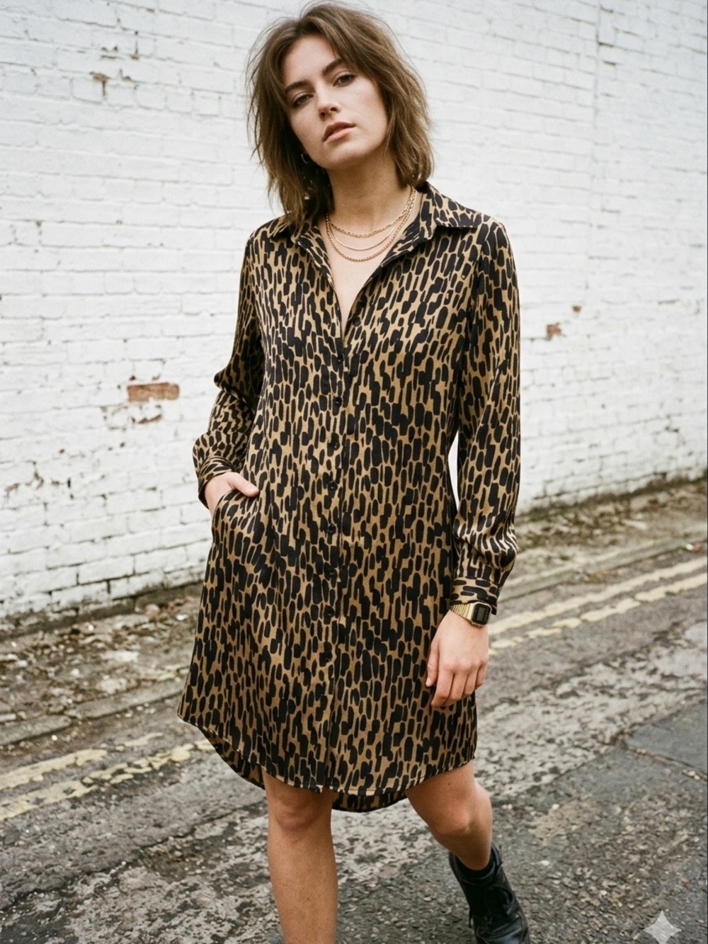 Apricot Leopard Print Women’s Button Down Long Sleeve Shirt Dress Sz 8 Office